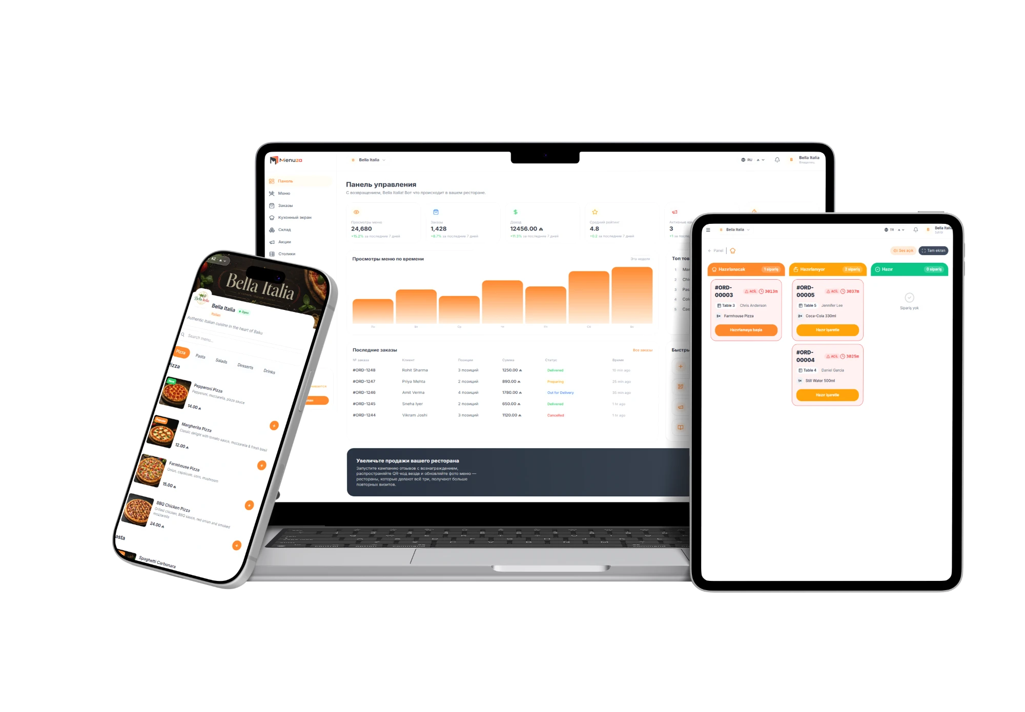 Menuza dashboard and QR menu preview